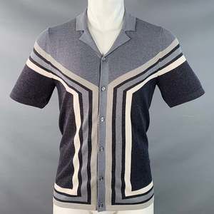 REISS Vinci Grey Charcoal Color Block Cotton Blend Knit Camp Short Sleeve Shirt